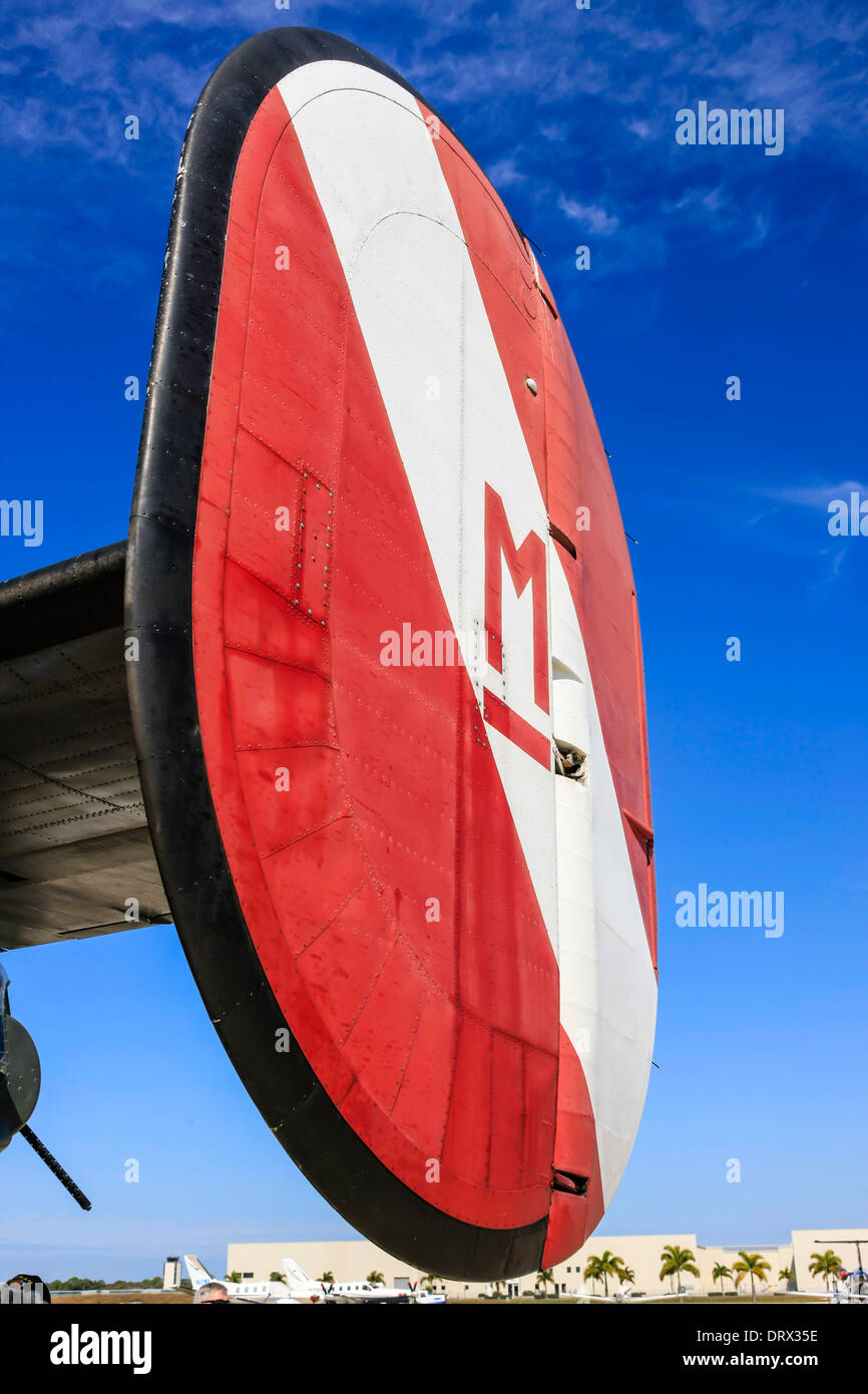 The rounded twin boom tail unit of a WW2 B24 Liberator bomber plane Stock Photo
