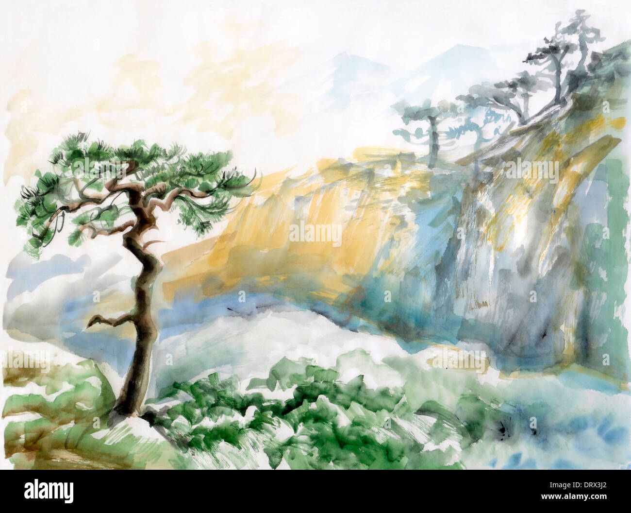 Watercolor original painting of landscape with rocks and pine tree ...
