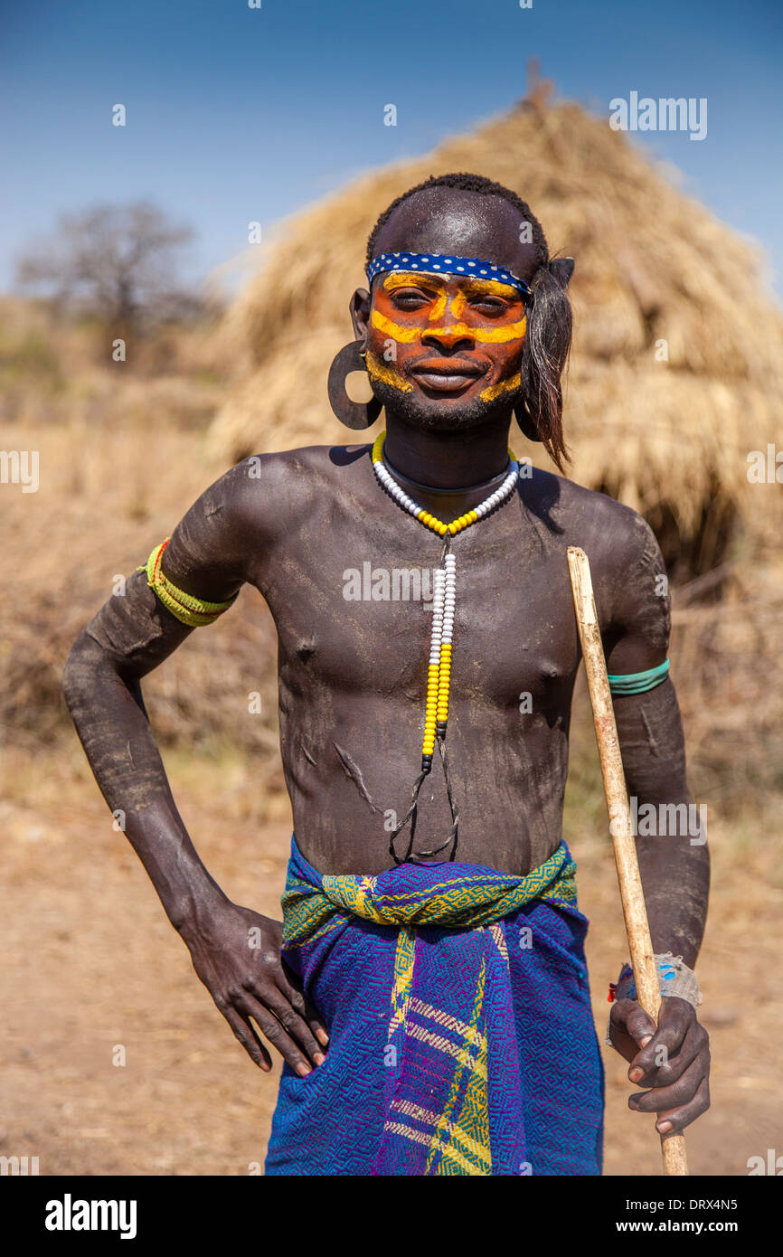 Portrait Of A Mursi Man, Mursi Tribal Village, The Omo Valley, Ethiopia Stock Photo