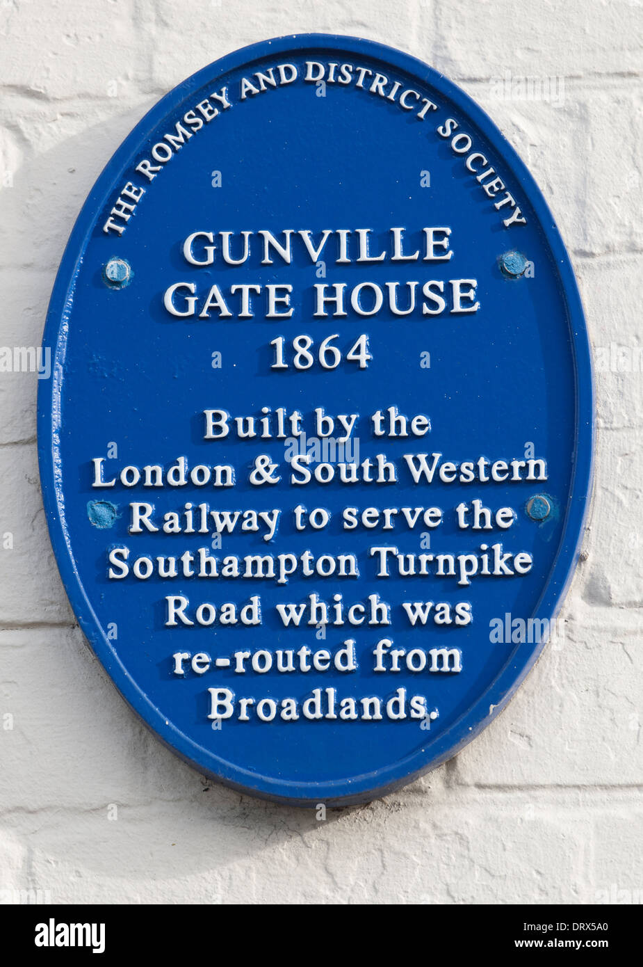 Blue plaque at Gunville Gate House, Southampton Road, Romsey, Hampshire, England, UK. Stock Photo