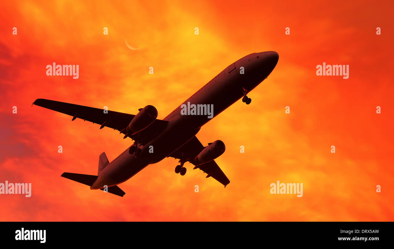 Passenger Plane Taking Off At The Sunset Stock Photo - Alamy