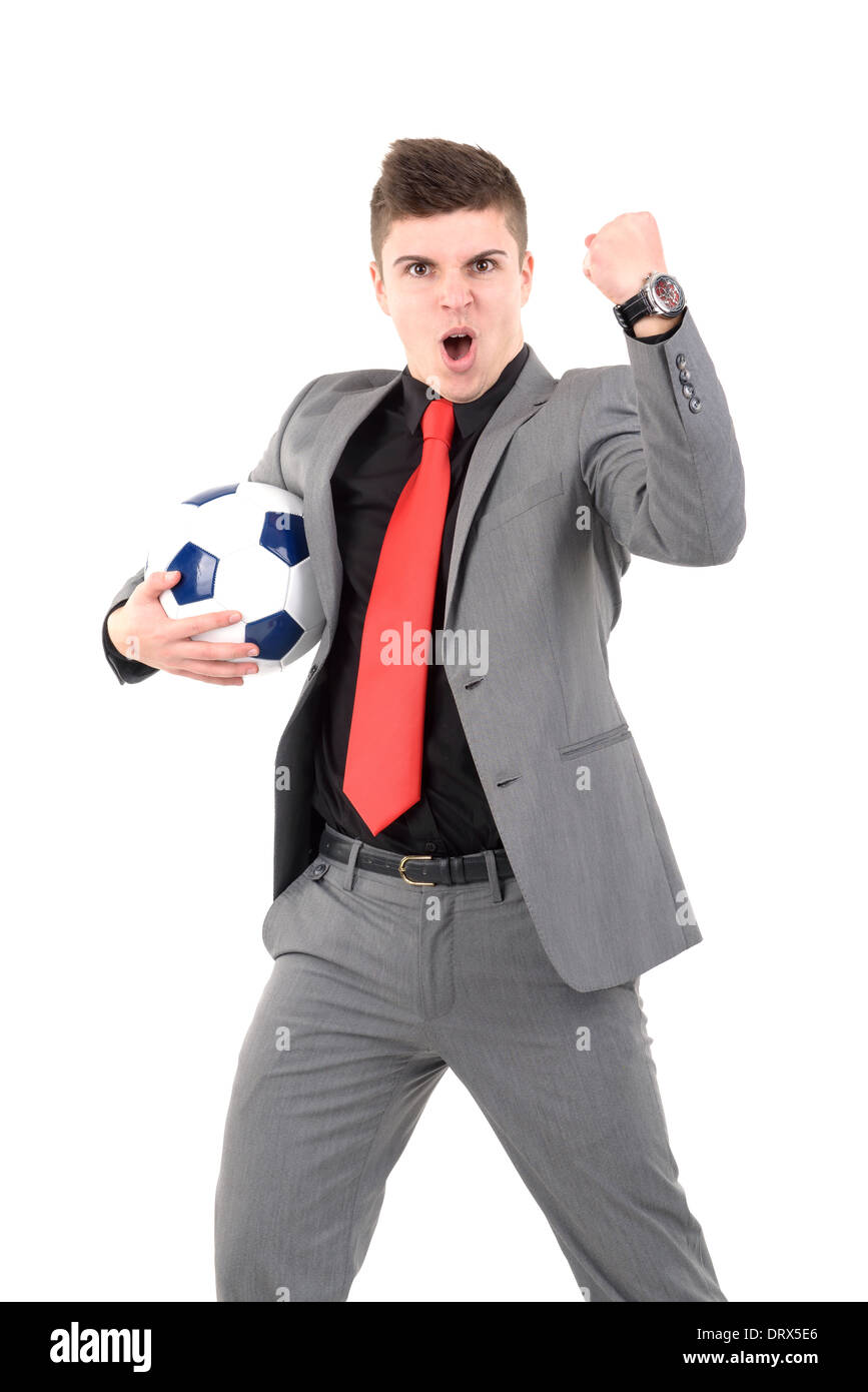 Happy businessman celebrating a goal isolated in white Stock Photo - Alamy