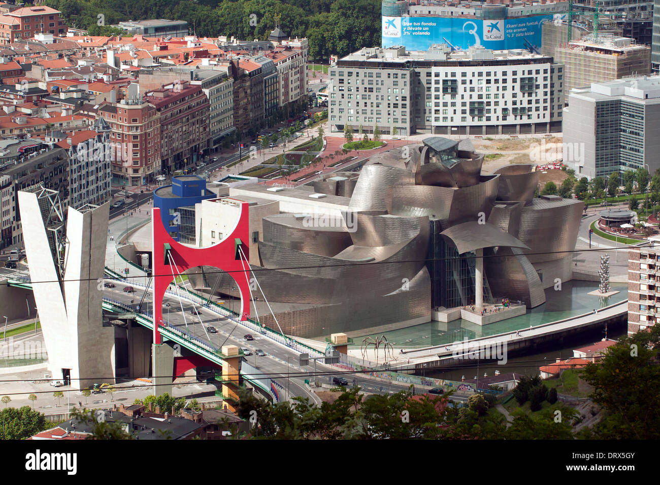 Arial image of the image of Arcos Rojos on La Salve bridge and the Guggenheim Museum, Bilbao, Spain. Stock Photo