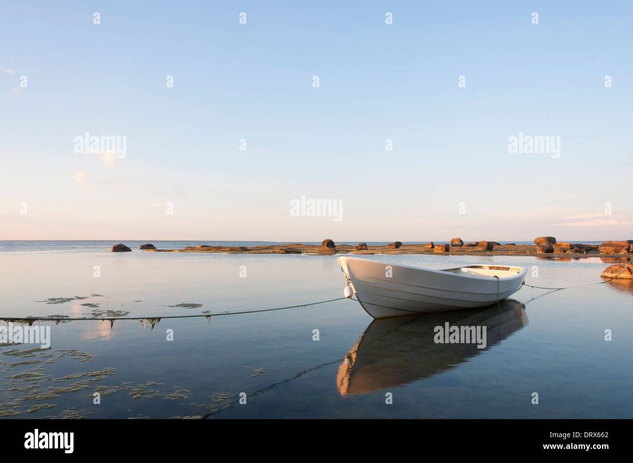 White rowboat anchored in calm water Stock Photo - Alamy