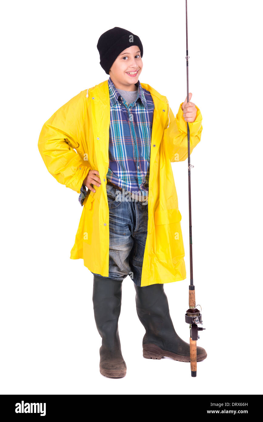 Young boy posing with fishing gear isolated in white Stock Photo