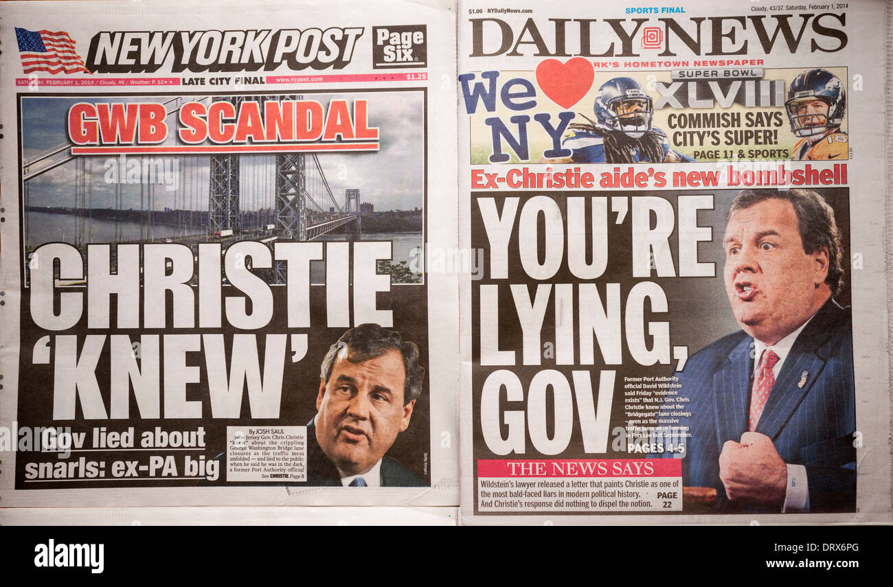 New York tabloid newspaper covers report on New Jersey Governor Chris Christie Stock Photo