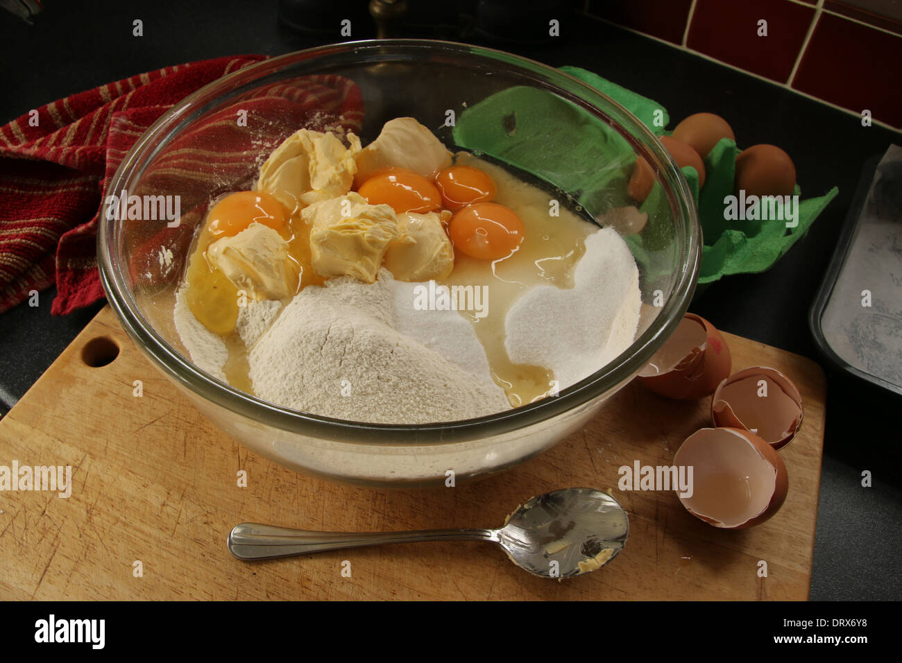 Victoria sponge cake ingredients ready to mix in a bowl (1of series of