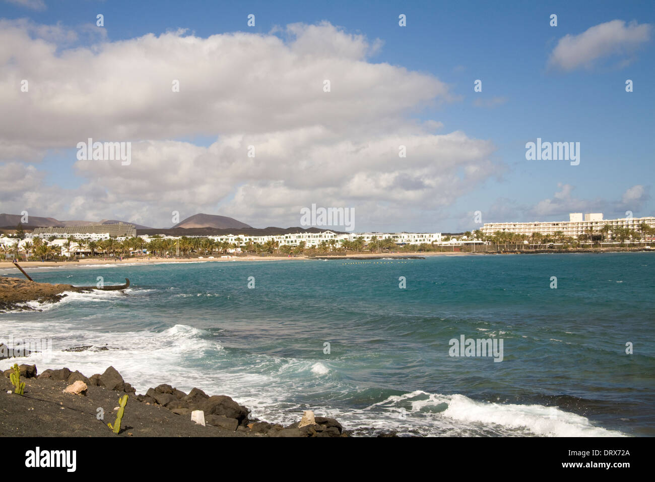 Costa Teguise Lanzarote Looking across bay to sandy beaches of this ...