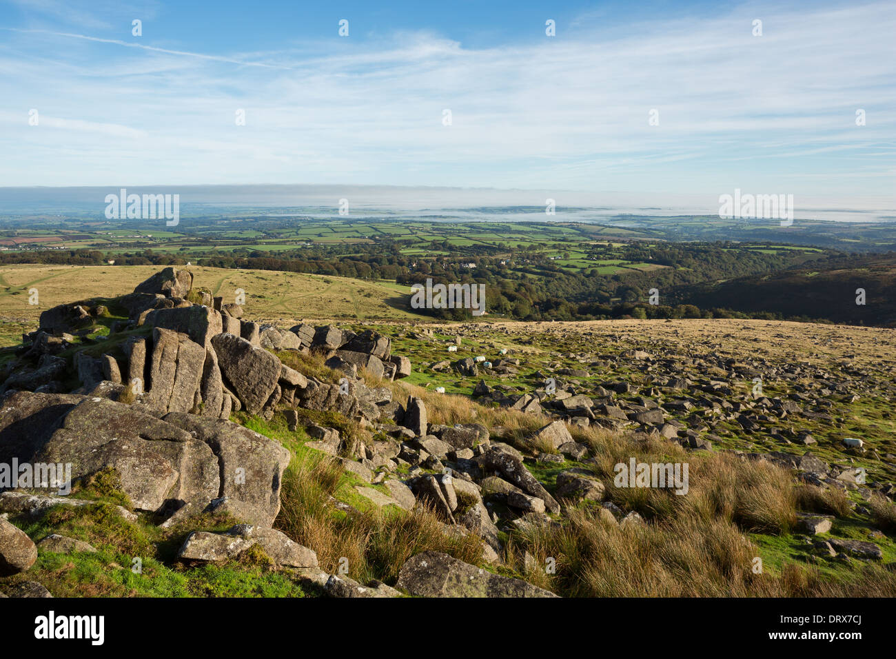 View from Belstone Tor over the Devon countryside. Dartmoor National Park Uk Stock Photo