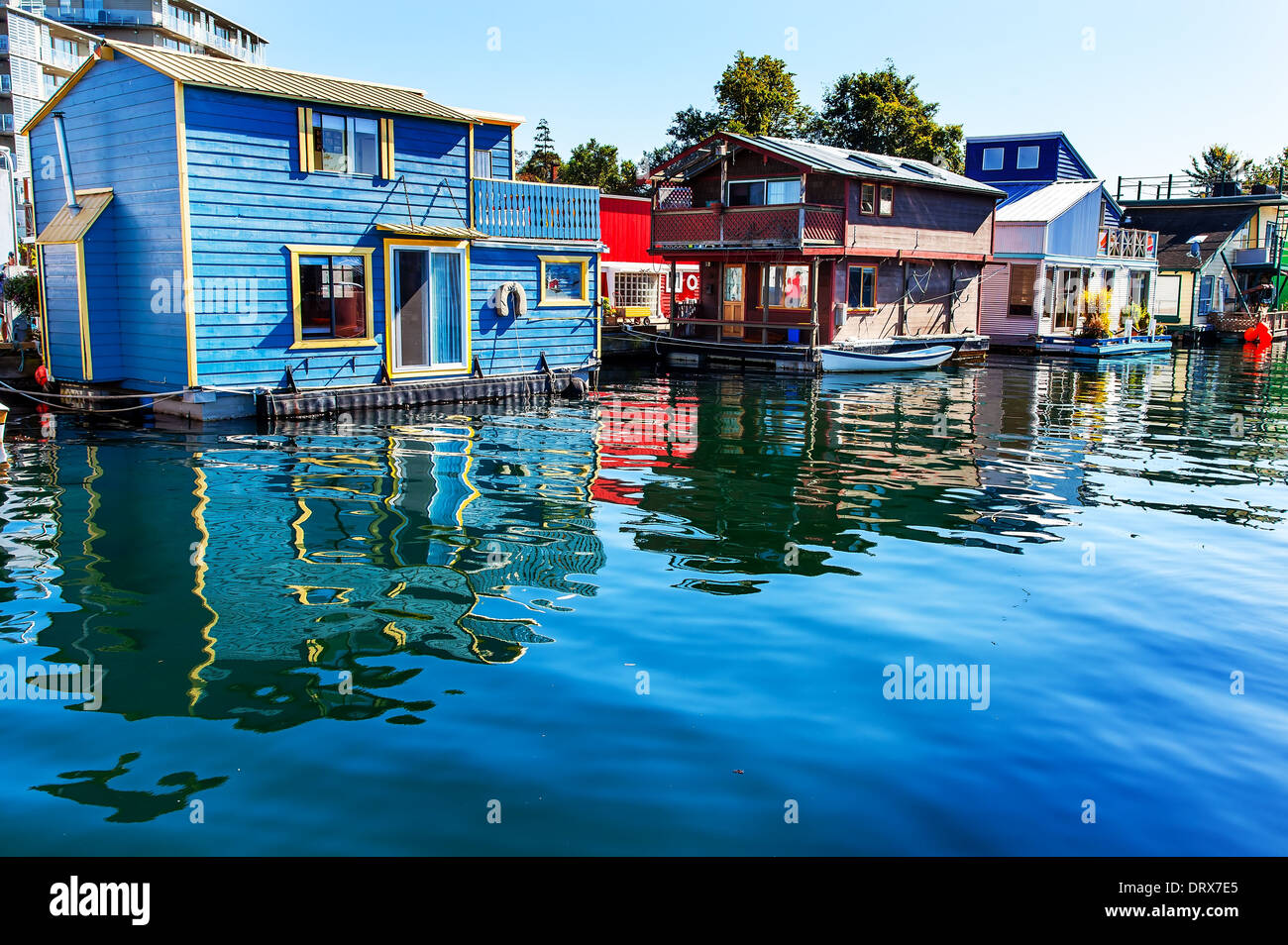 Floating Home Village Blue Red Brown Houseboats Reflection Inner Harbor
