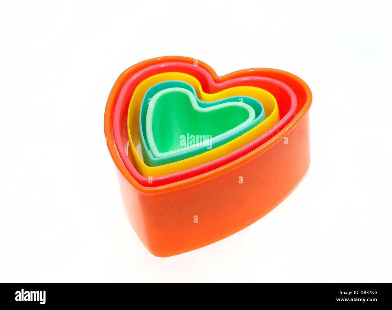 Heart-shaped plastic cookie cutters, London Stock Photo