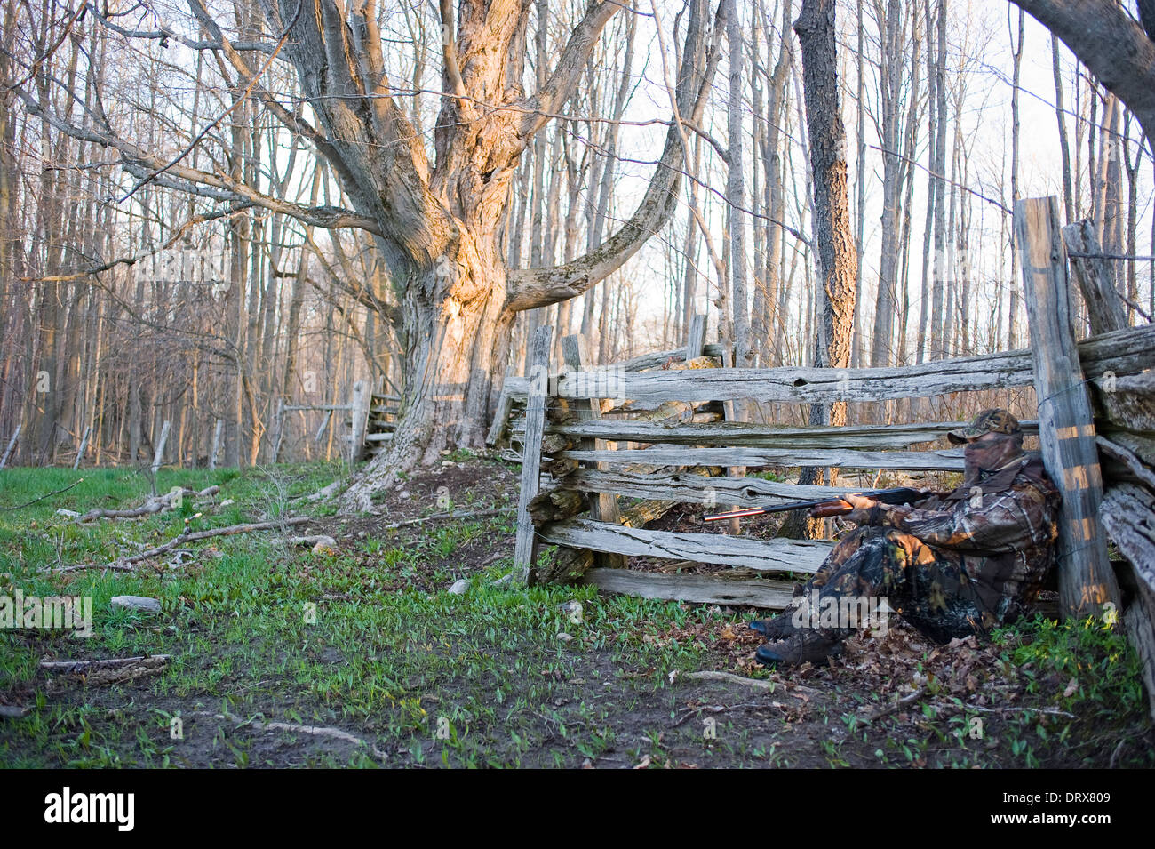 A wild turkey hunter sits against a wooden fence. Stock Photo