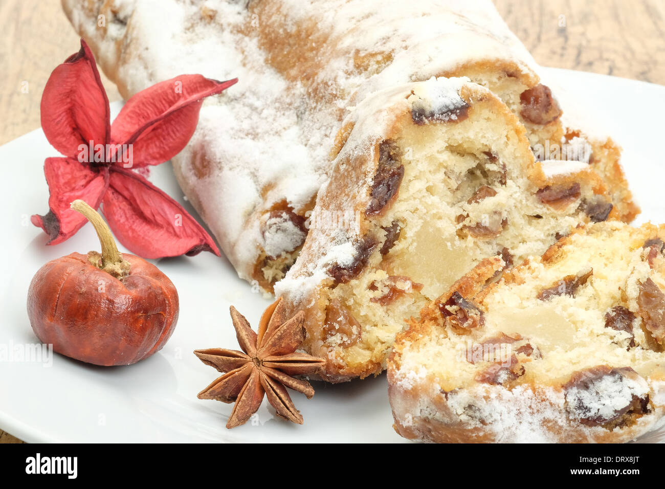 Traditional German Stollen served at Christmas Stock Photo