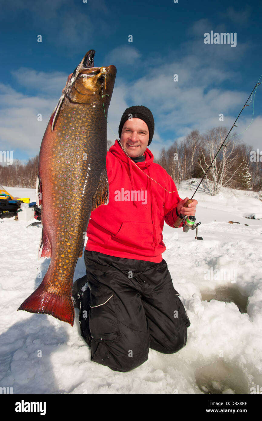 Fisherman holding a winter brook trout he caught ice fishing Stock Photo -  Alamy