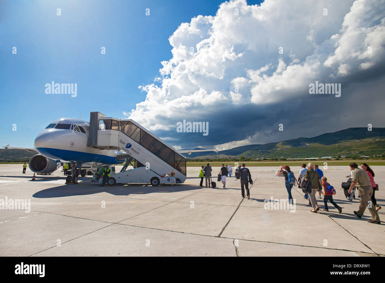 SPLIT, CROATIA - JUN 6: Croatia Airlines Airbus A319 parked on a runway of Split Airport Stock Photo
