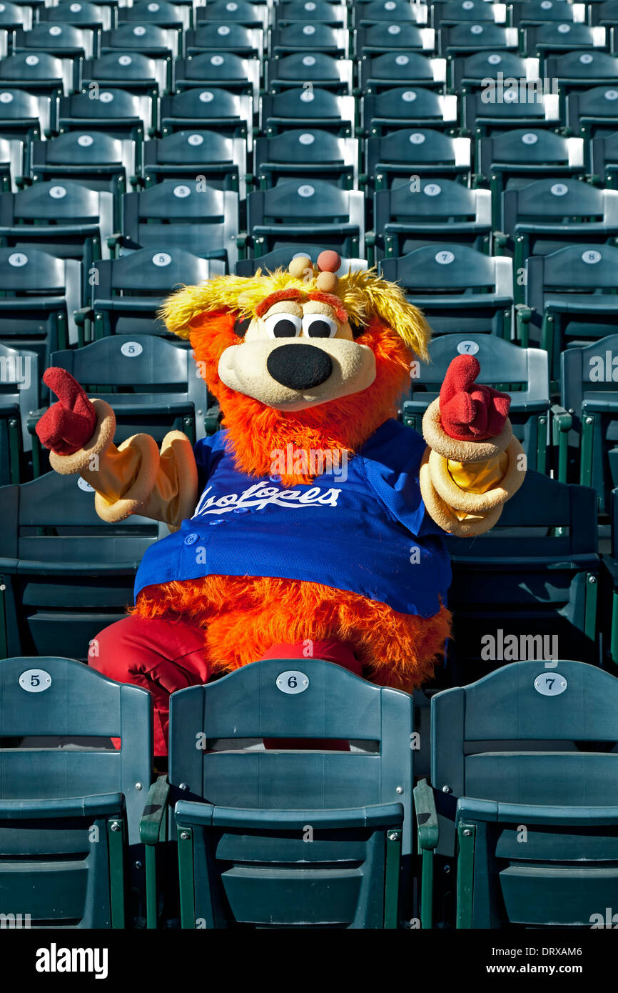 Orbit (Isotopes Baseball Team mascot) in stadium seats flashing No. 1 sign, Isotopes Park, Albuquerque, New Mexico USA Stock Photo