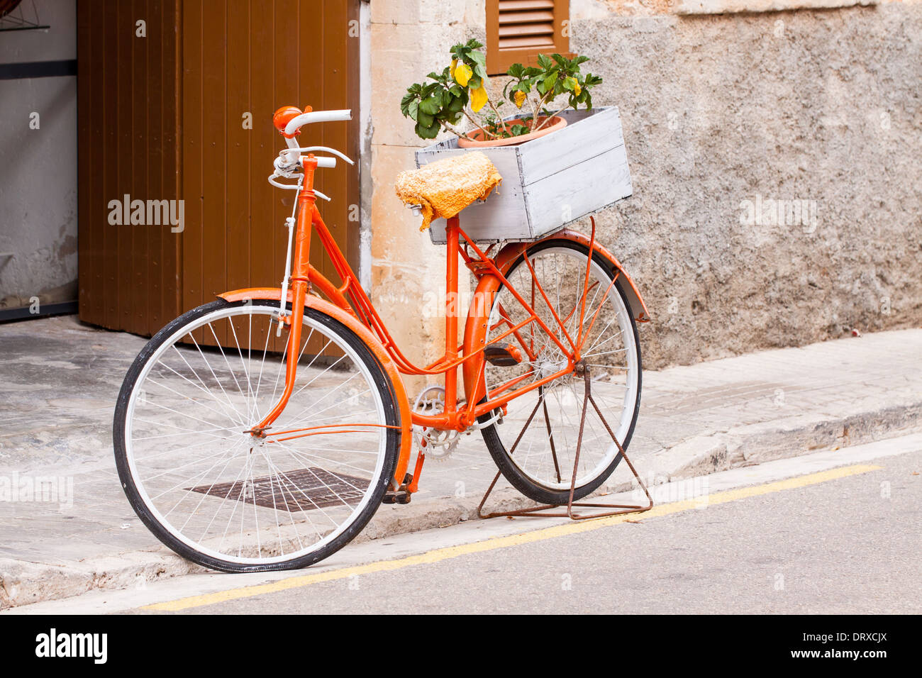 orange womens bicycle orange ladies bicycle with flowers decoration outdoor bike Stock Photo