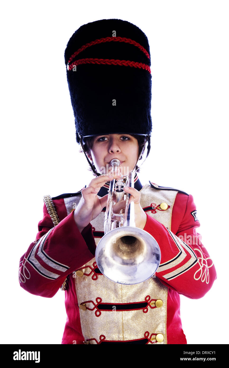 Person in red gold and black gold marching band uniform playing Stock