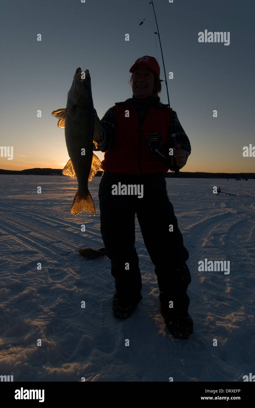 Woman holds up a winter walleye she caught ice fishing Stock Photo