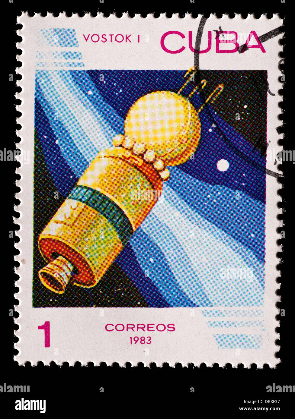 Postage stamp from Cuba depicting the satellite Vostok I Stock Photo