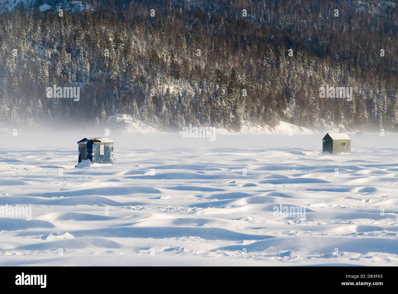 Ice fishing huts on a frozen lake in Northern Ontario Stock Photo Alamy