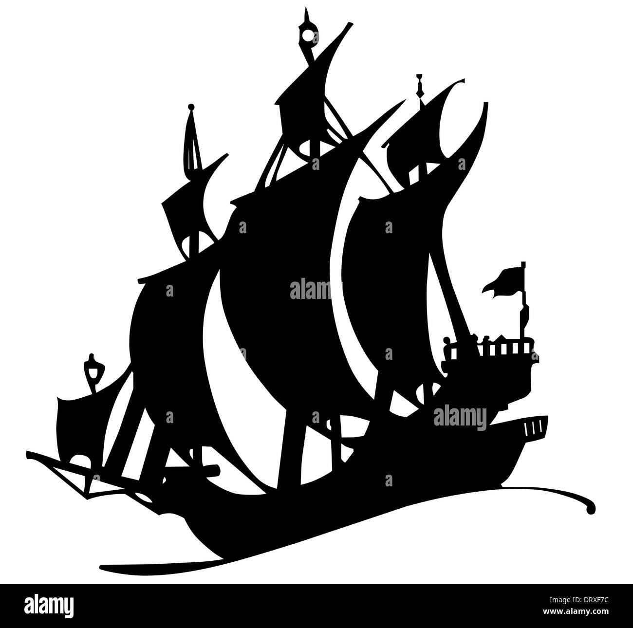 Illustration of ship floating on the waves on the sails. Stock Photo