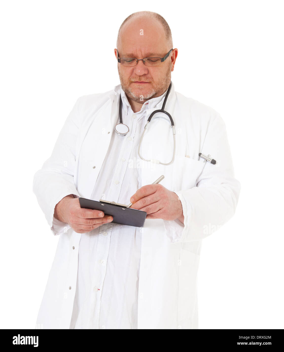 Chief resident writing on clipboard. All on white background. Stock Photo