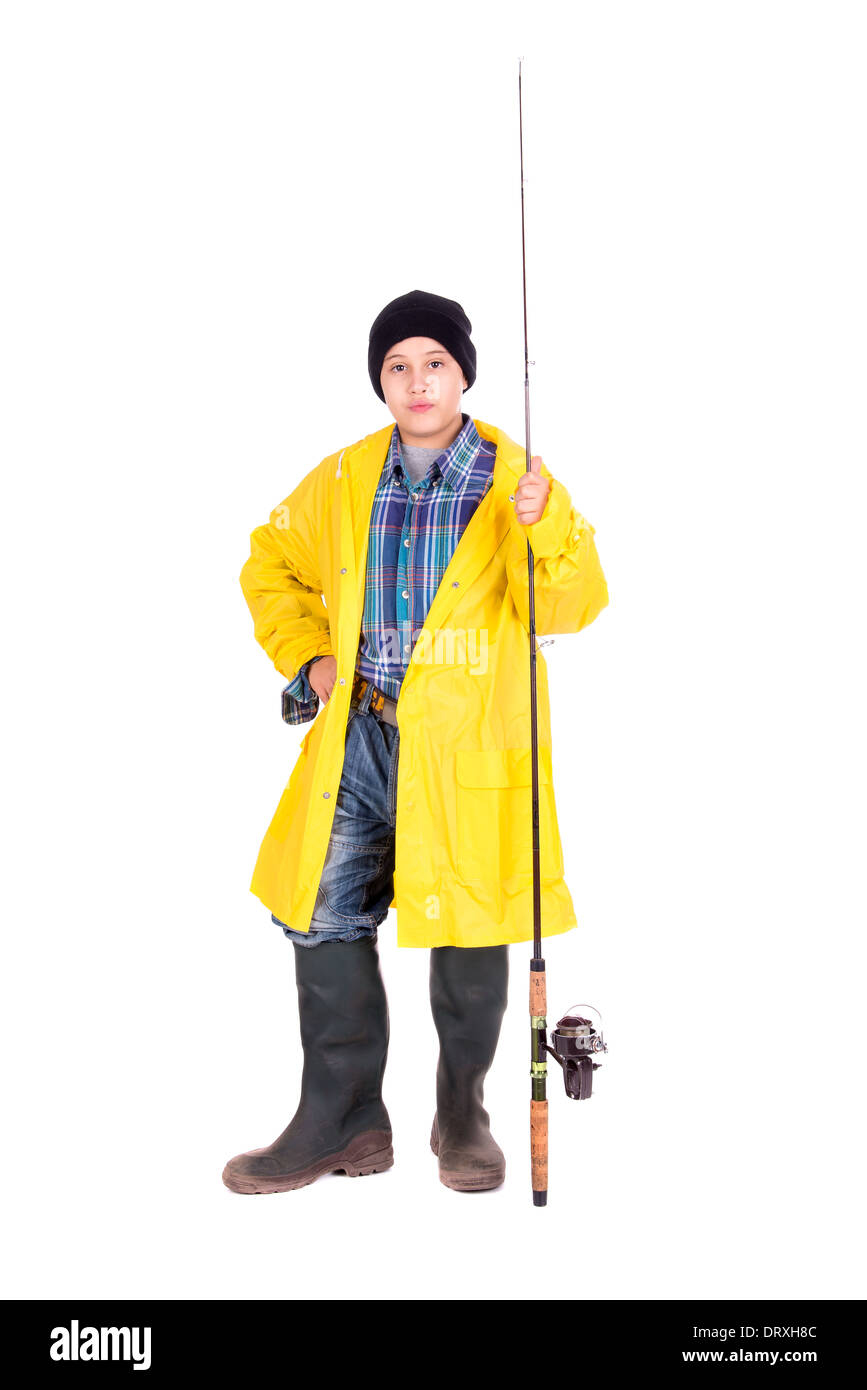Young boy posing with fishing gear isolated in white Stock Photo