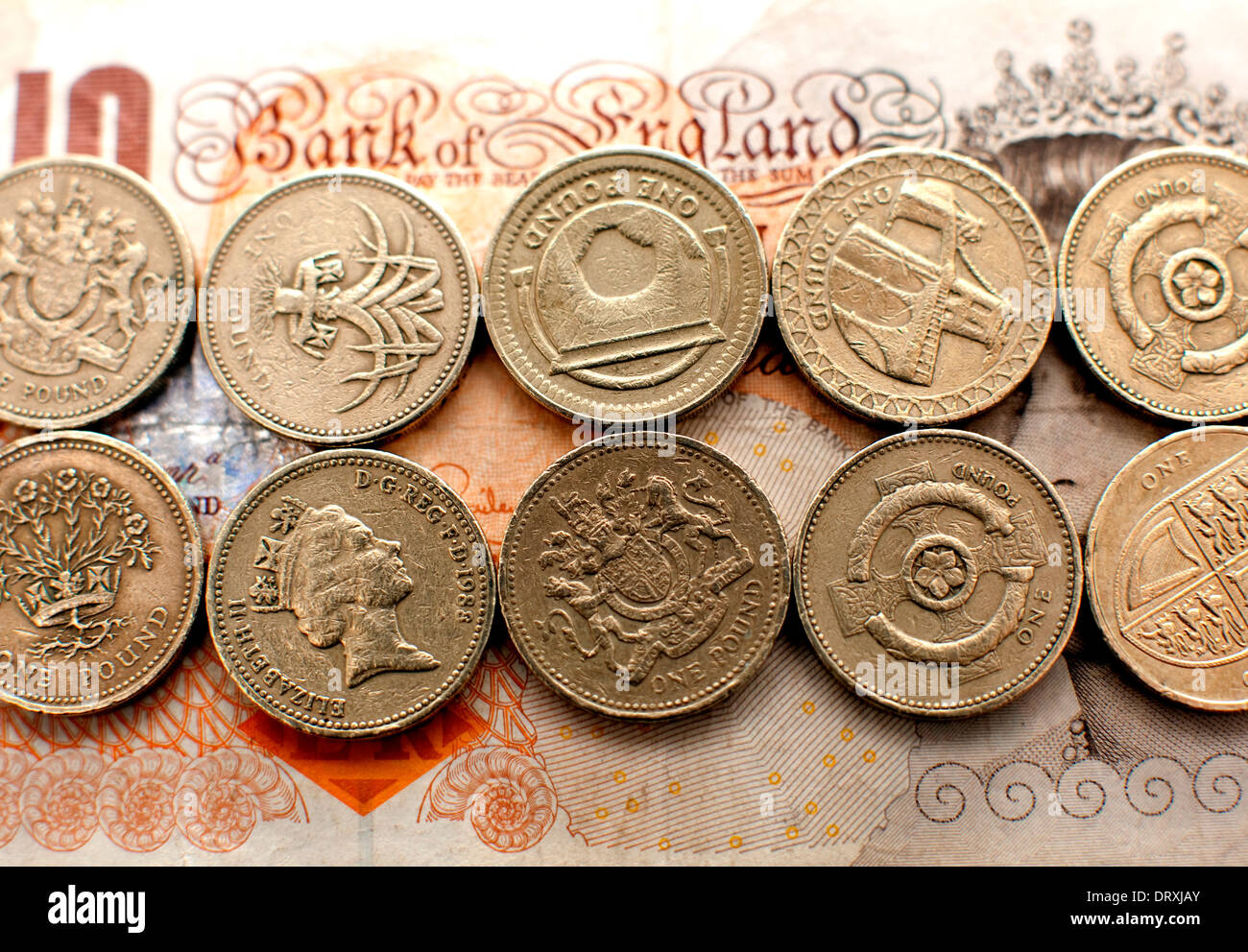 Pound coins and banknote, London Stock Photo Alamy