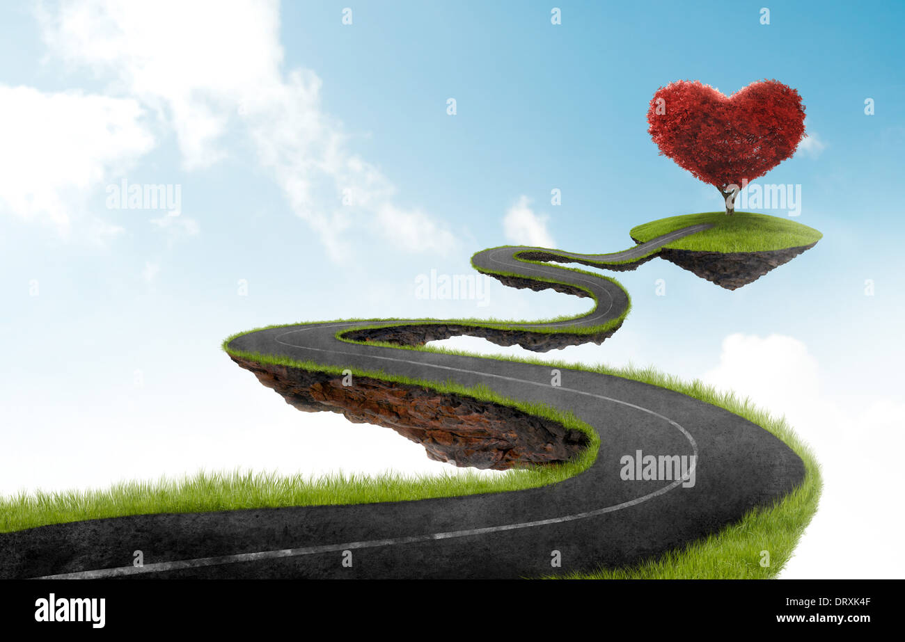 road suspended in the sky towards the tree in the shape of heart Stock Photo