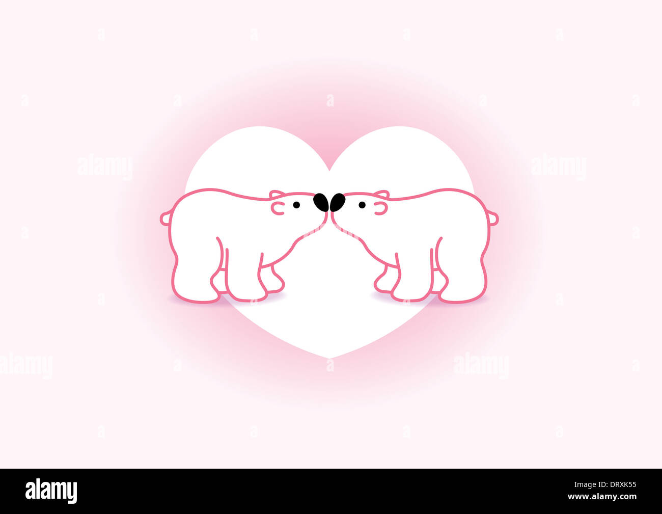 Two Pink Arctic Polar Bears with Black Noses Kissing in Heart Graphic