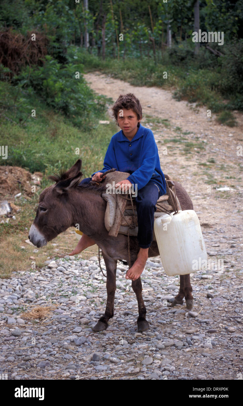 Boys riding donkey in rural Albania Stock Photo 66356211 Alamy