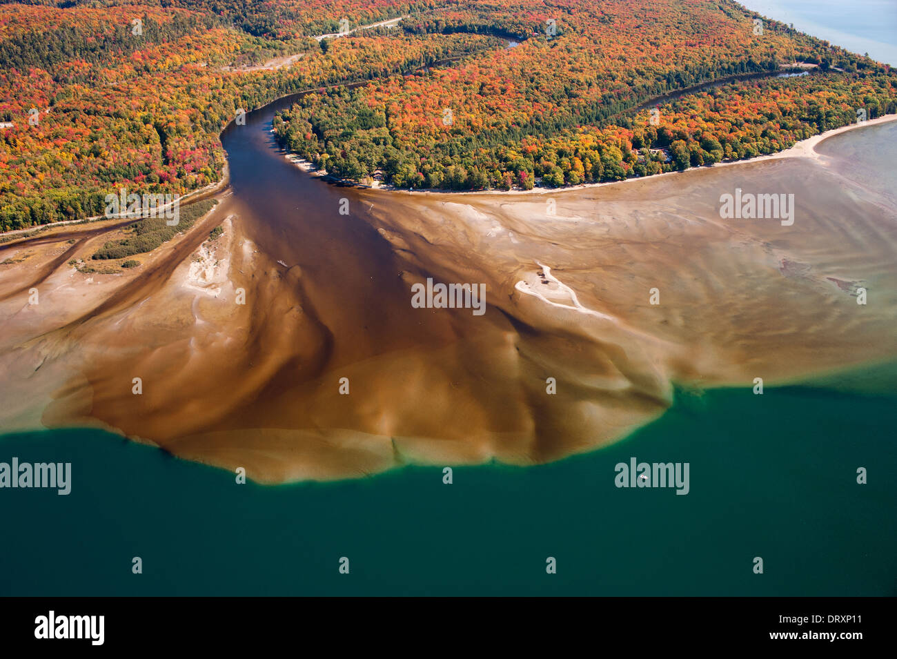 Aerial photograph of forested land in Northern Ontario in autumn. Stock Photo