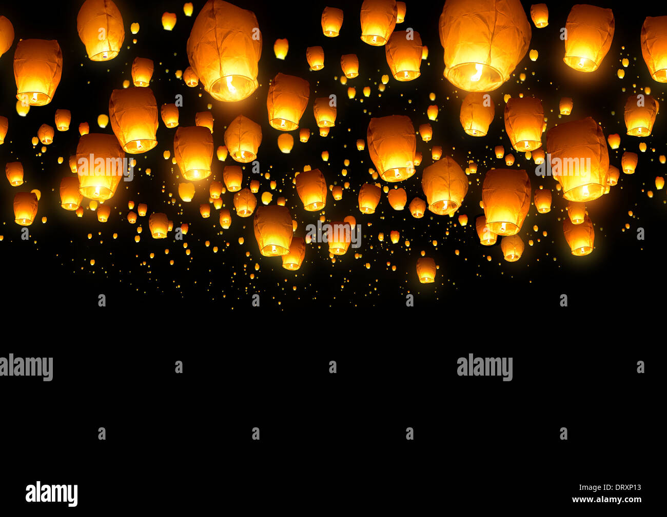 A large collection of flying chinese lanterns. Stock Photo