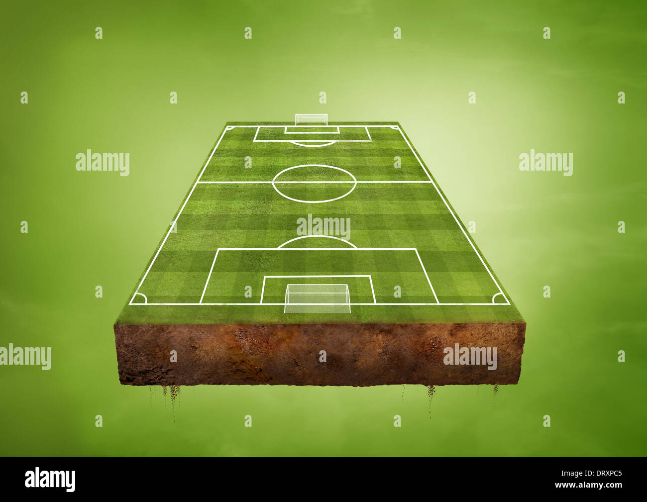 A floating green football field. Sports concept. Stock Photo