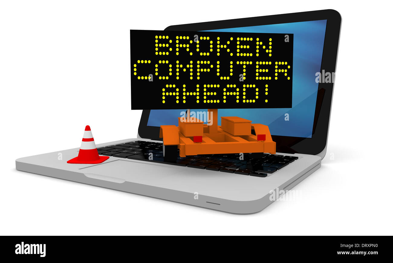 Roadworks cart on laptop displaying broken computer warning Stock Photo