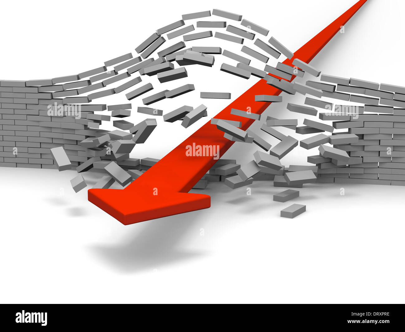 Red arrow breaking through brick wall, concept of success, breakthrough