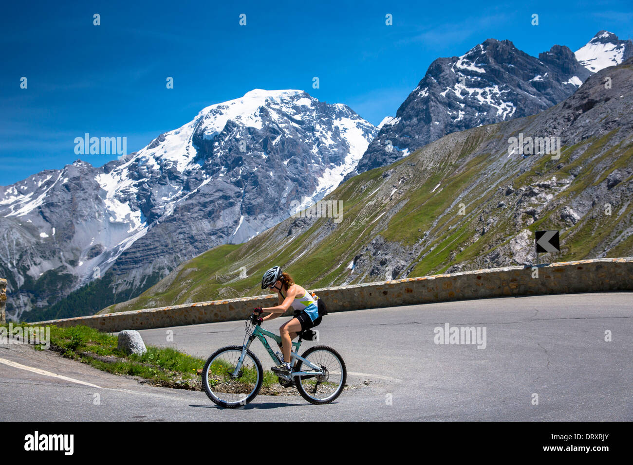 Female cyclist rides Scott British mountain bike uphill on The Stelvio Pass, Passo dello Stelvio, Stilfser Joch, the Alps, Italy Stock Photo