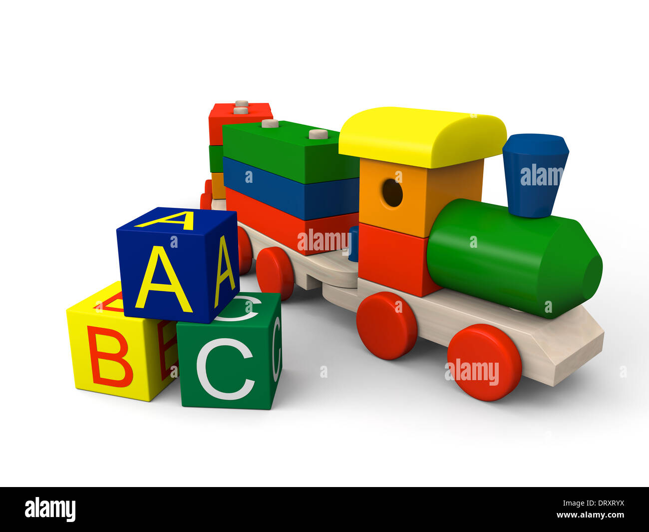 3D illustration of colorful wooden toy train and blocks with letters of