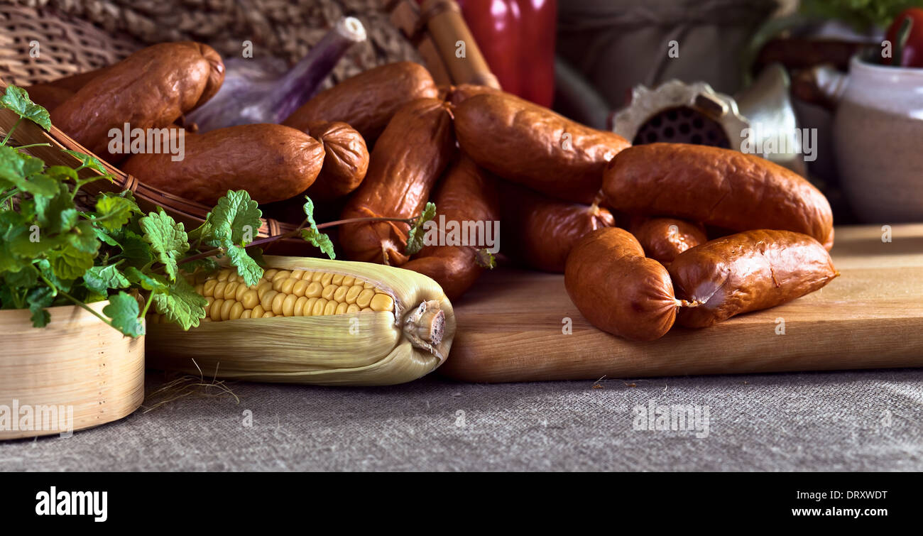 smoked sausage and vegetables on a linen cloth Stock Photo Alamy