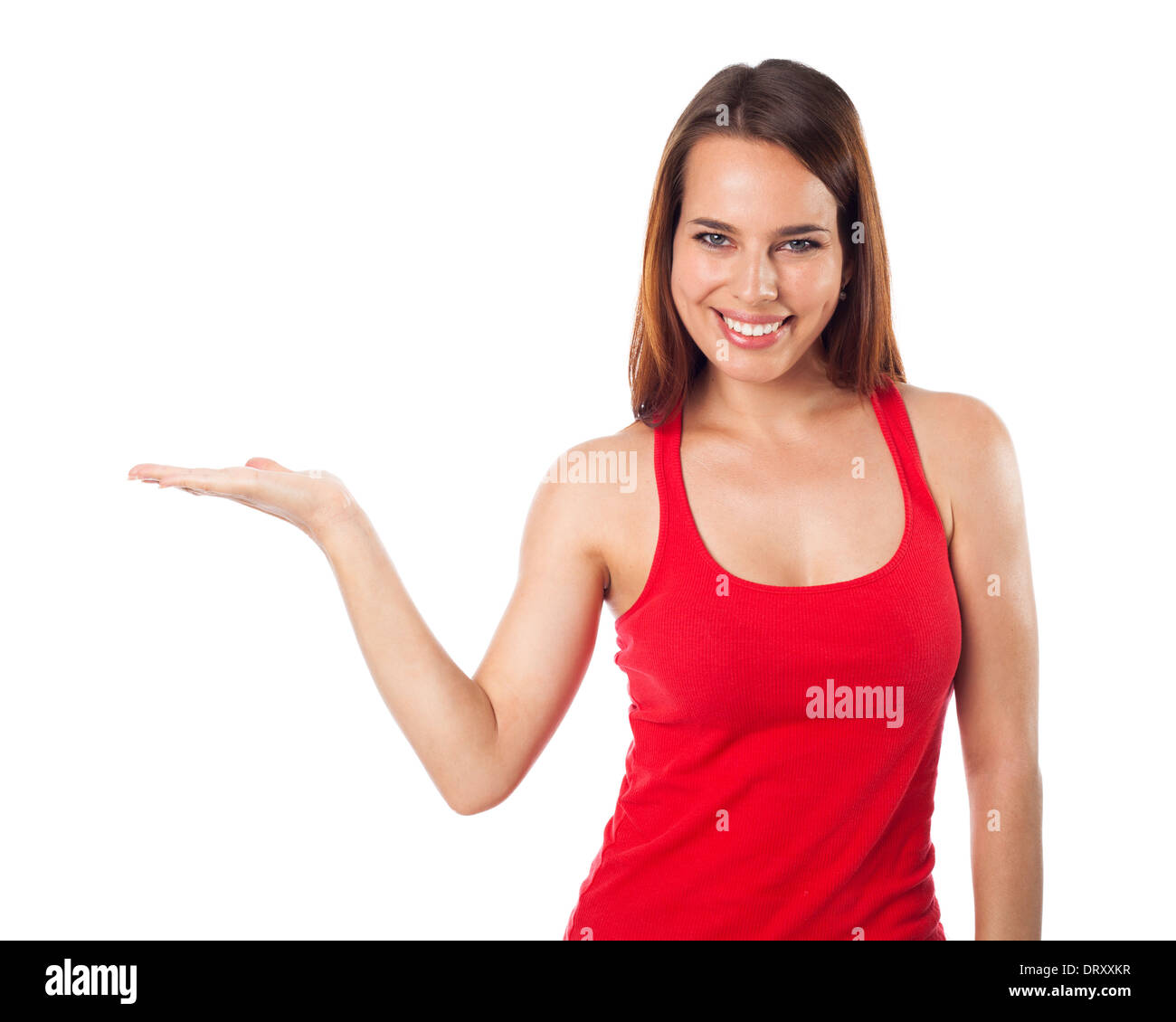 Beautiful young woman presenting something, copyspace, isolated on white Stock Photo