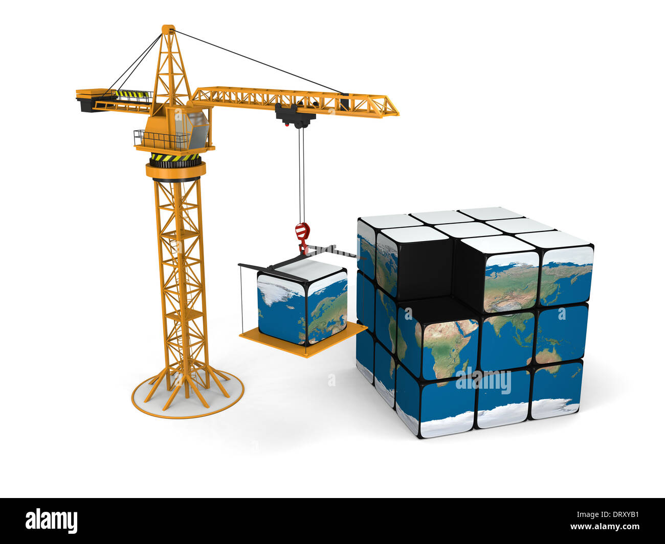 Concept of building world with crane lifting the last piece of cubic model  of Earth, isolated on white background. Elements of this image furnished by  NASA Stock Photo - Alamy