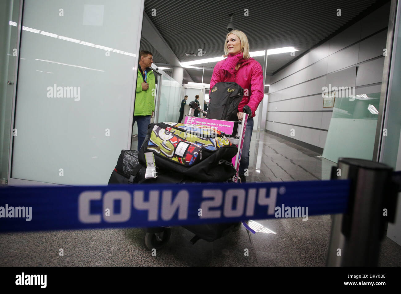 Sochi, Russia. 04th Feb, 2014. Alpine skier Maria Hoefl-Riesch of Germany arrives at the airport in Sochi, Russia, 04 February 2014. The Olympic Winter Games 2014 in Sochi run from 07 to 23 February 2014. Photo: Fredrik von Erichsen/dpa /dpa/Alamy Live News Stock Photo