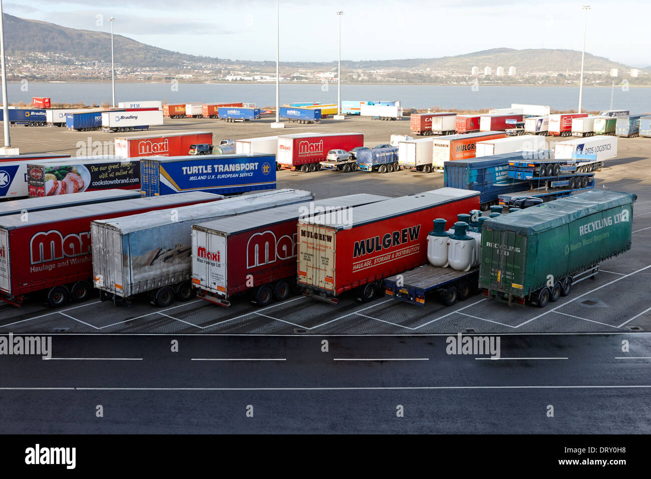 freight transport lorry trailers parked at belfast harbour for onward distribution Stock Photo