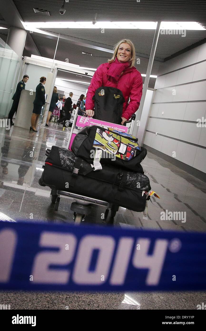 Alpine skier Maria Hoefl-Riesch of Germany arrives at the airport in Sochi, Russia, 04 February 2014. The Olympic Winter Games 2014 in Sochi run from 07 to 23 February 2014. Photo: FREDERICK VON ERICHSEN/dpa Stock Photo