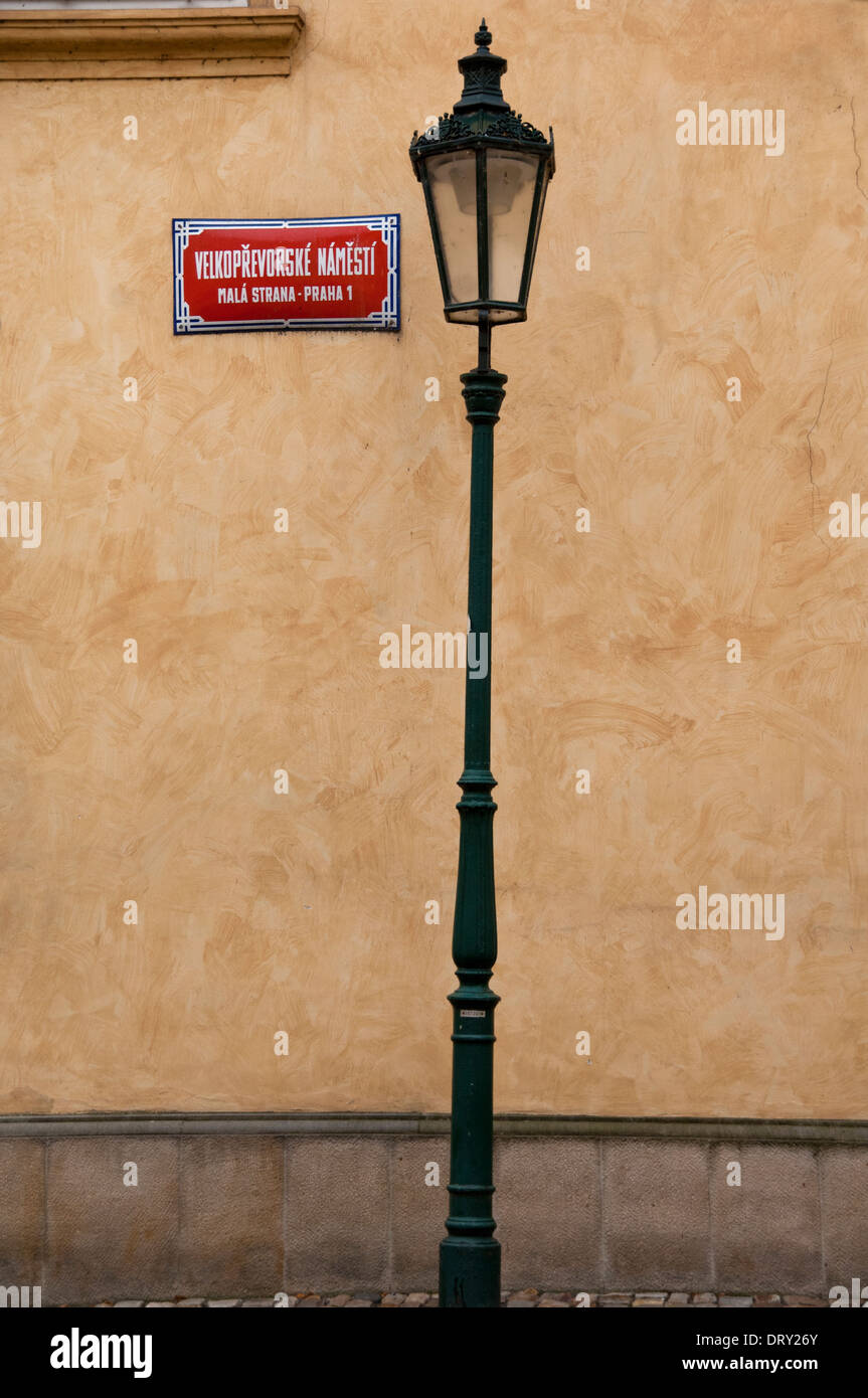Street sign and lampost, Prague Stock Photo