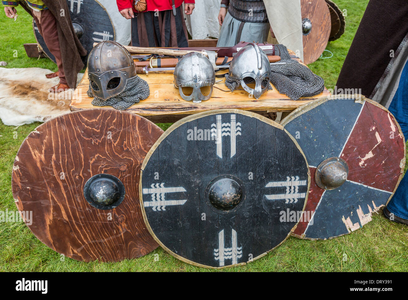 Helmets and shields, Viking festival, Reykjavik, Iceland Stock Photo