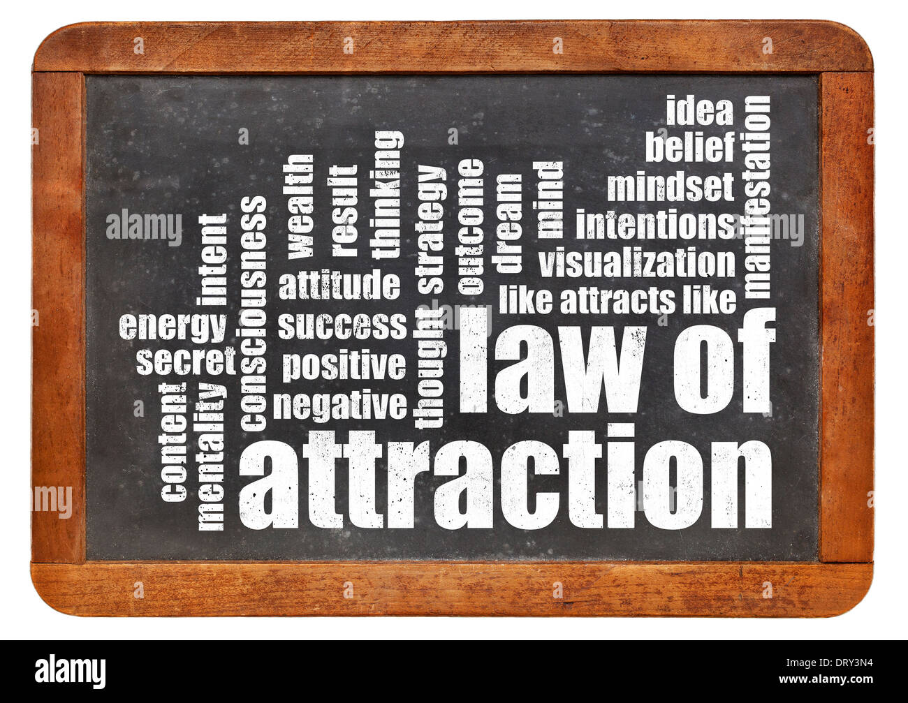 law of attraction word cloud on a vintage slate blackboard isolated on white Stock Photo