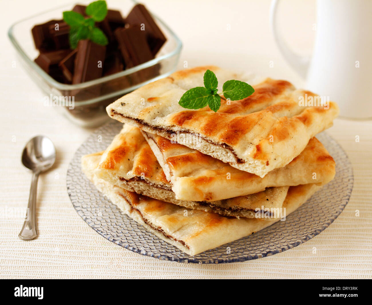 "Coca" with chocolate. Typical food from Catalonia, Spain. Recipe