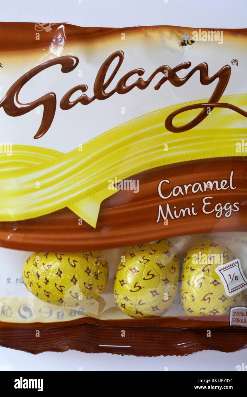 Bag of Galaxy caramel mini eggs set on white background ready for